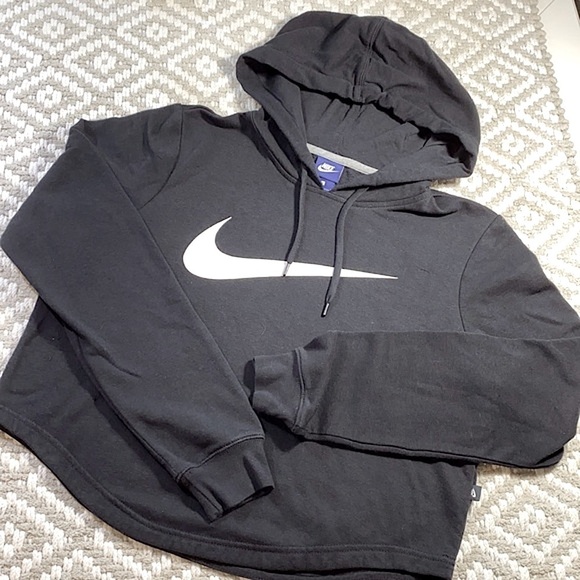 NIKE - BLACK WOMENS SWEATSHIRT - Nike Large ✔️Swoosh Logo - Cropped Hoodie GUC - Picture 2 of 5